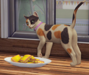 A screenshot from the Sims 4 video game. A calico cat woalks on the counter, and eyes a platter of grilled cheese sandwiches.